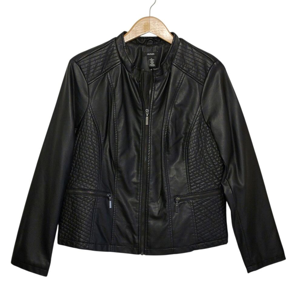 Alfani NWOT Faux Leather Moto Jacket Quilted Full Zip Black Stand Collar L
